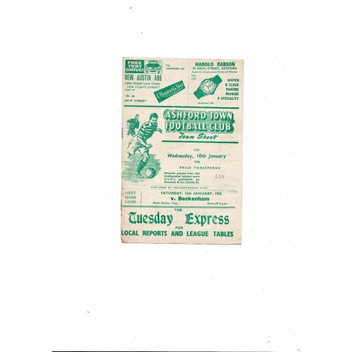 1961/62 Ashford Town v Ramsgate Kent Floodlit Cup Football Programme