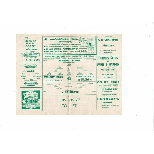 1961/62 Ashford Town v Ramsgate Kent Floodlit Cup Football Programme