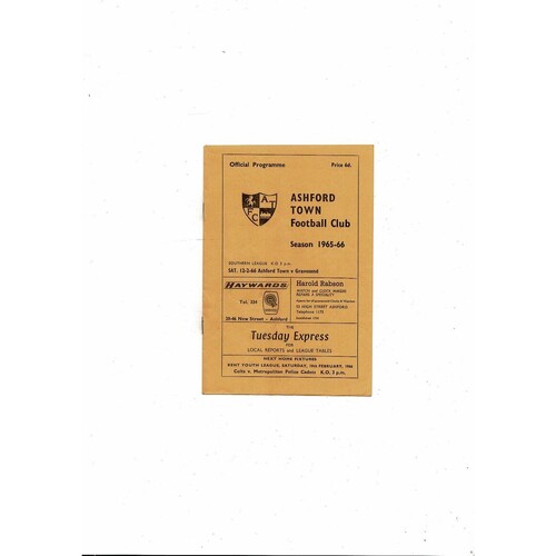 1965/66 Ashford Town v Gravesend Football Programme