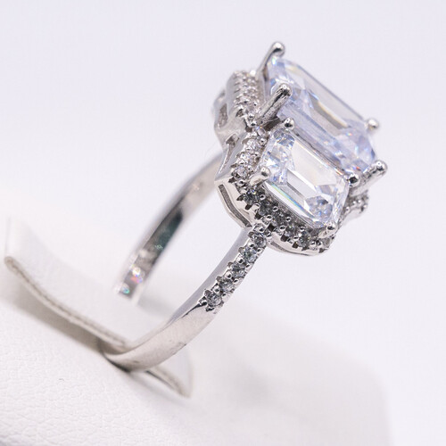 Baguette Cut Multi Paved Bordered Zirconia Trilogy Ring