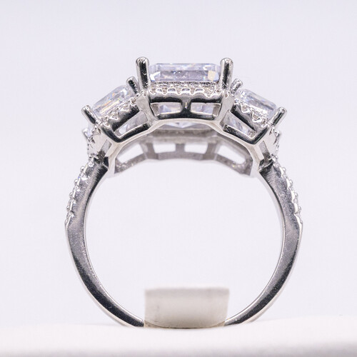 Baguette Cut Multi Paved Bordered Zirconia Trilogy Ring