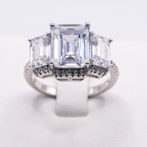 Baguette Cut Multi Paved Bordered Zirconia Trilogy Ring
