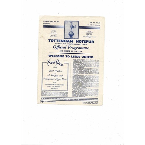 1959/60 Tottenham Hotspur v Leeds United Football Programme