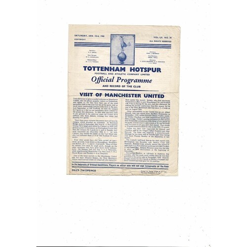 1959/60 Tottenham Hotspur v Manchester United Football Programme