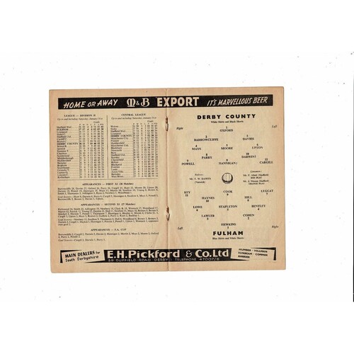 1958/59 Derby County v Fulham Football Programme