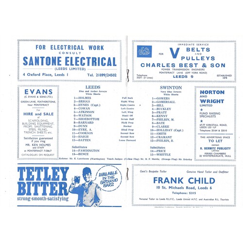 1970/71 Leeds v Swinton (12/09/1970) Rugby League Programme