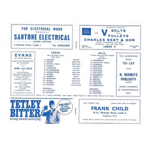 1970/71 Leeds v Hull (28/11/1970) Rugby League Programme