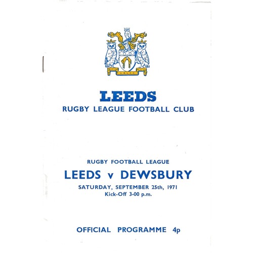 1971/72 Leeds v Dewsbury (25/09/1971) Rugby League Programme