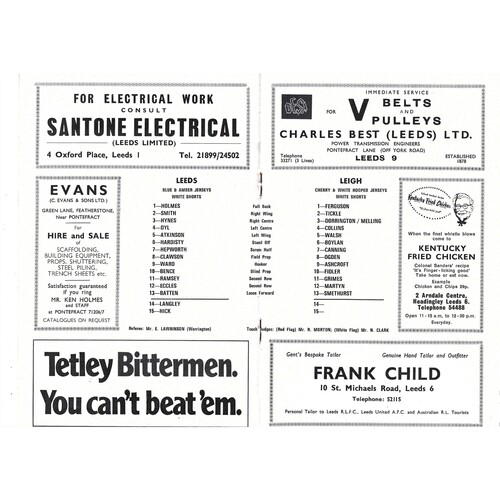 1971/72 Leeds v Leigh (18/12/1971) Rugby League Programme