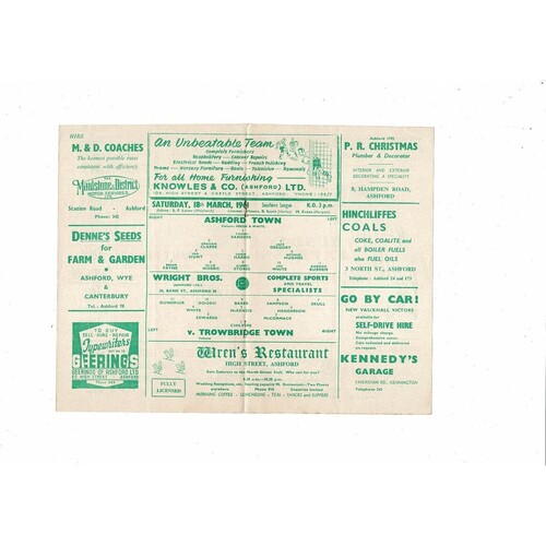 1960/61 Ashford Town (Kent) v Trowbridge Town Southern League Football Programme