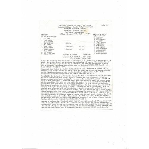 Brentford v Charlton Athletic Friendly Football Programme 1979/80