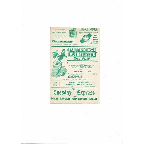 1962/63 Ashford Town (Kent) v Tonbridge Southern League Football Programme