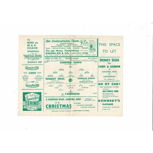 1962/63 Ashford Town (Kent) v Tonbridge Southern League Football Programme