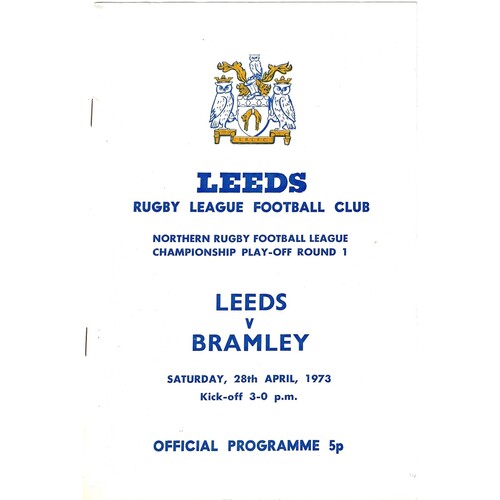 1972/73 Leeds v Bramley (28/04/1973) Championship Play-off Round 1 Rugby League Programme