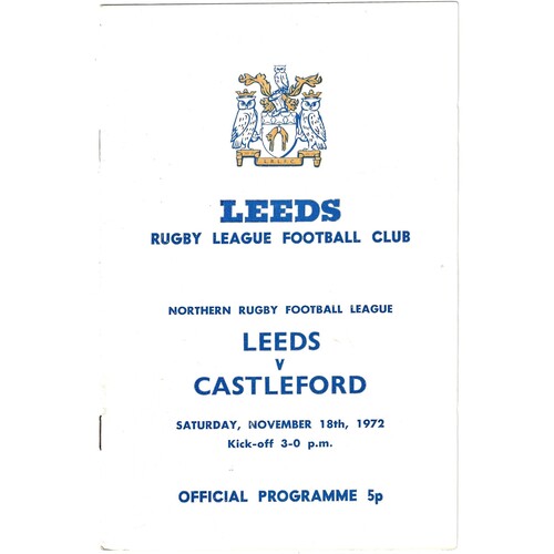 1972/73 Leeds v Castleford (18/11/1972) Rugby League Programme