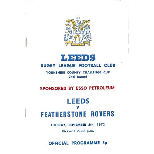 1972/73 Leeds v Featherstone Rovers (05/09/1972) Yorkshire County Challenge Cup 2nd Round Rugby League Programme