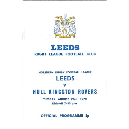 1972/73 Leeds v Hull Kingston Rovers (22/08/1972) Rugby League Programme