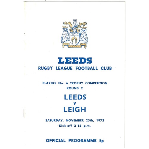 1972/73 Leeds v Leigh (25/11/1972) Players No. 6 Trophy Competition Round 2 Rugby League Programme