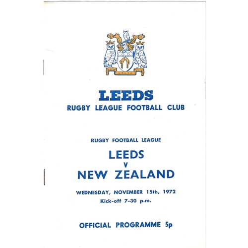 1972/73 Leeds v New Zealand (15/11/1972) Tour Match Rugby League Programme