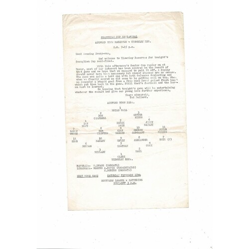 1960/61 Ashford Town v Yiewsley Res South East Anglian Cup Semi Final Programme