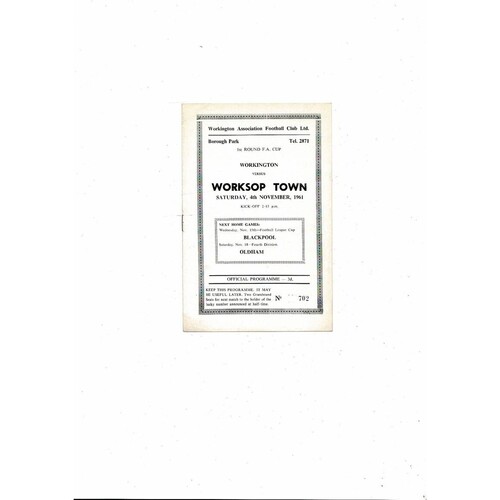 Workington v Worksop FA Cup Football Programme 1961/62