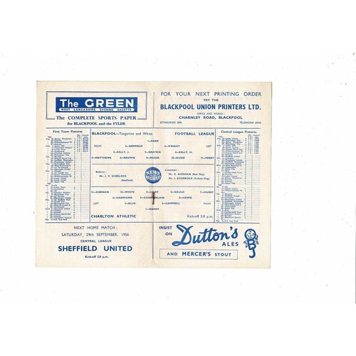 1956/57 Blackpool v Charlton Athletic Football Programme