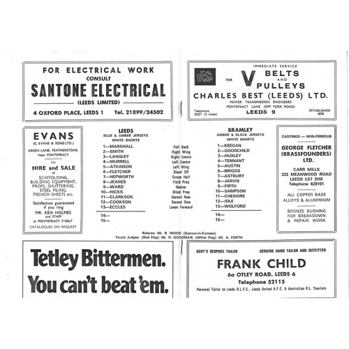 1973/74 Leeds v Bramley (12/04/1974) Rugby League Programme