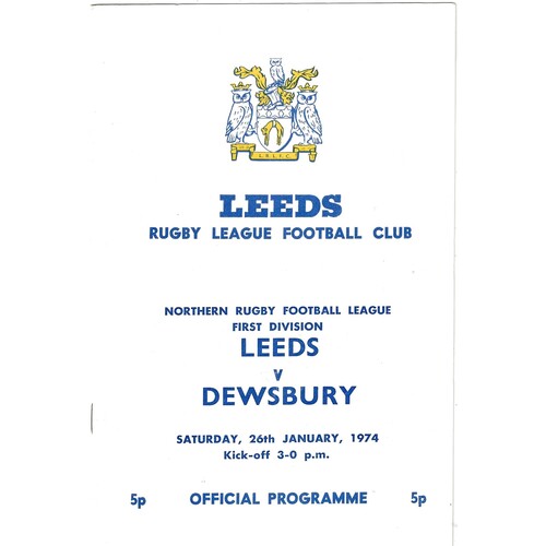 1973/74 Leeds v Dewsbury (26/01/1974) Rugby League Programme