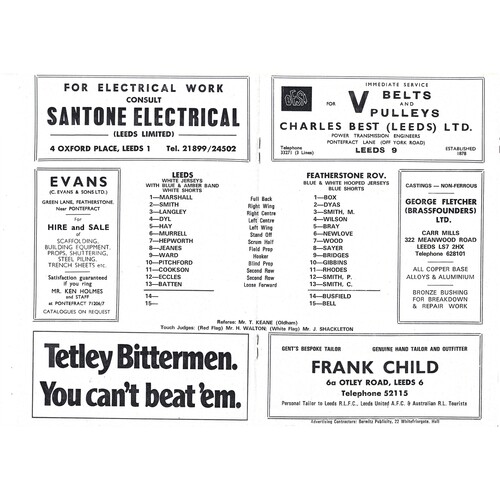 1973/74 Leeds v Featherstone Rovers (23/03/1974) Rugby League Programme