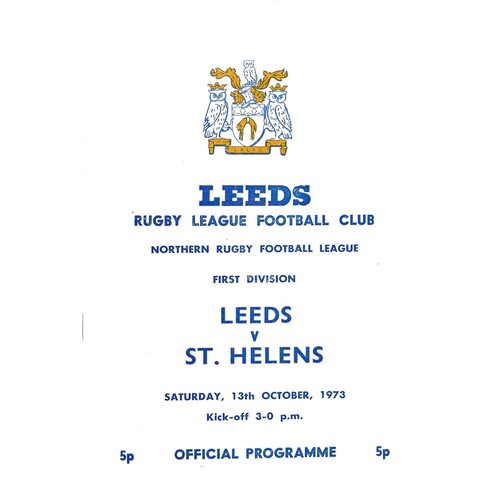 1973/74 Leeds v St. Helens (13/10/1973) Rugby League Programme