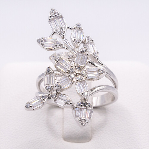 Staggering Flower and Leaf Design Multi Paved Zirconia set on 925 Sterling Silver Ring