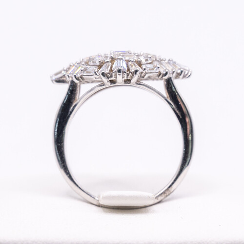 Almond design multi clustered baguette cut Zirconia stone set on 925 Sterling Silver Ring