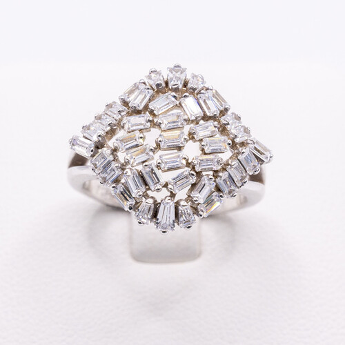 Almond design multi clustered baguette cut Zirconia stone set on 925 Sterling Silver Ring