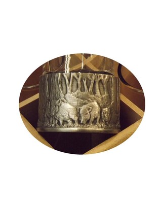 Embossed Hunting Scenes on Polished Pewter Based/ Clear Shot Glasses x 12 on Stand. 2 x each of our embossed scene glasses