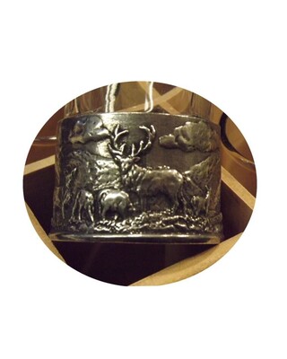 Embossed Hunting Scenes on Polished Pewter Based/ Clear Shot Glasses x 12 on Stand. 2 x each of our embossed scene glasses