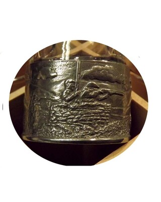 Embossed Hunting Scenes on Polished Pewter Based/ Clear Shot Glasses x 12 on Stand. 2 x each of our embossed scene glasses