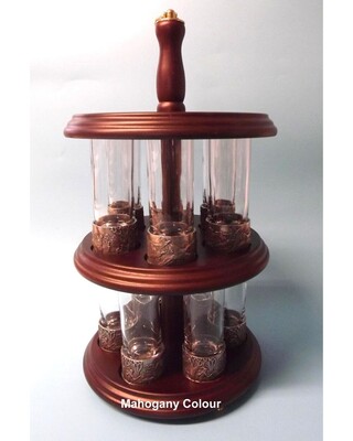 Embossed Hunting Scenes on Polished Pewter Based/ Clear Shot Glasses x 12 on Stand. 2 x each of our embossed scene glasses