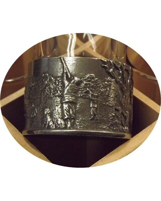 Embossed Hunting Scenes on Polished Pewter Based/ Clear Shot Glasses x 12 on Stand. 2 x each of our embossed scene glasses