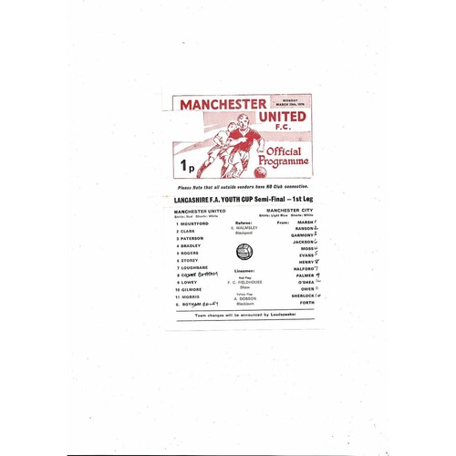 Manchester United v Manchester City Lancs Youth Cup Semi Final Programme 1975/76