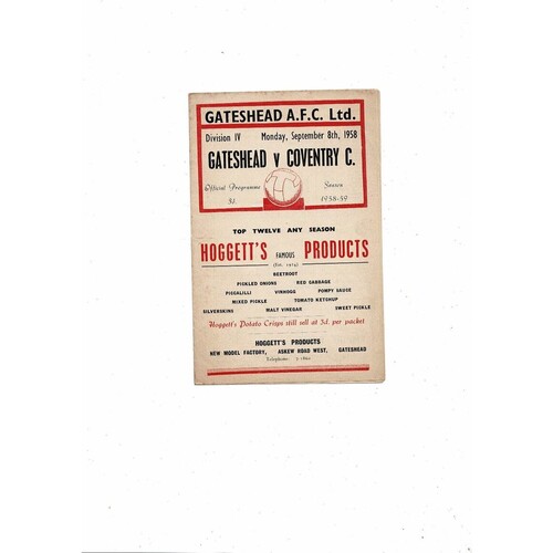 1958/59 Gateshead v Coventry City Football Programme
