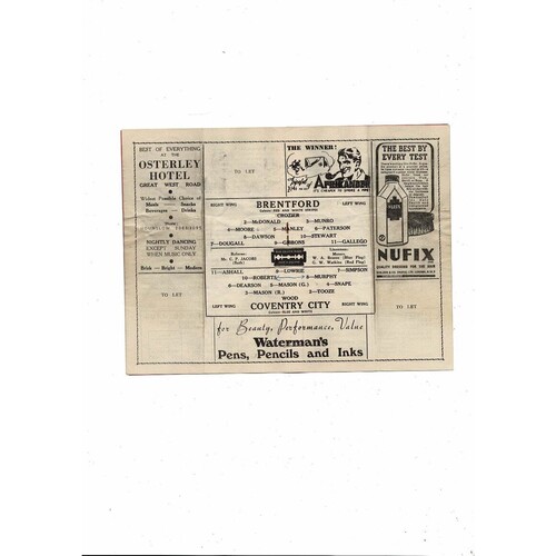 1947/48 Brentford v Coventry City Football Programme