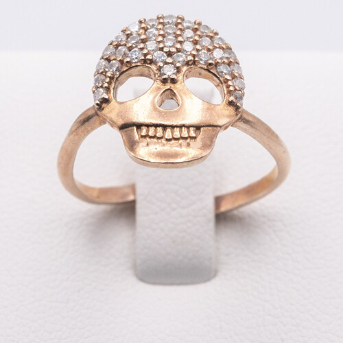 Skull design zirconia stones set on rose gold plated 925 sterling silver ring
