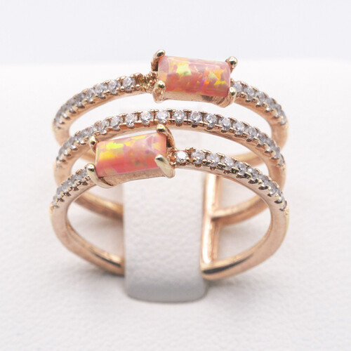Opalite and Zirconia Stones Set on Triple layered Rose Gold Plated 925 Sterling Silver Ring