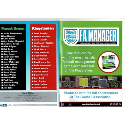 1999 Forest Green Rovers v Kingstonian FA Trophy Final Football Programme + Team Sheet