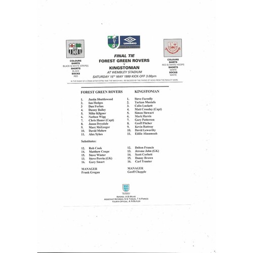 1999 Forest Green Rovers v Kingstonian FA Trophy Final Football Programme + Team Sheet