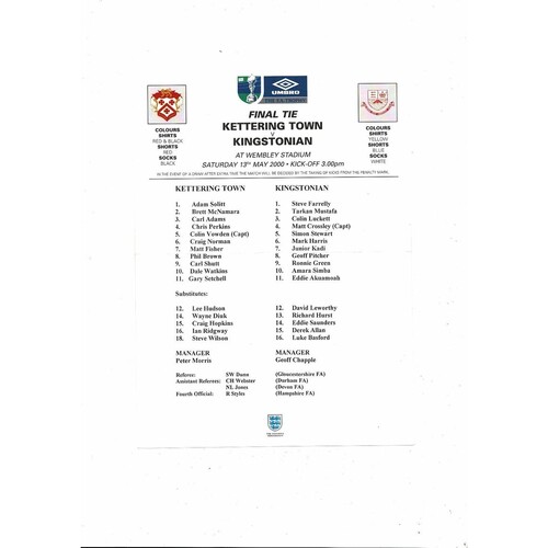 2000 Kettering Town v Kingstonian FA Trophy Final Football Programme + Team Sheet