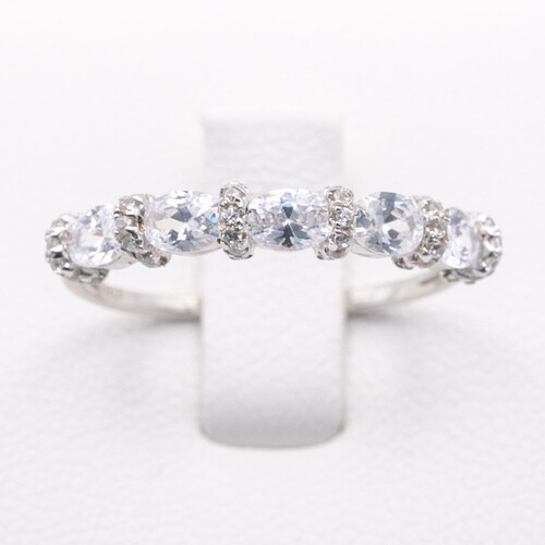 Half eternity moissanite stones set on rhodium (platinum white gold) plated 925 sterling silver ring