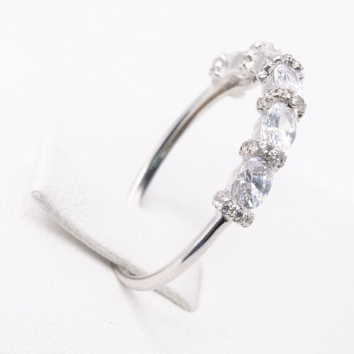 Half eternity moissanite stones set on rhodium (platinum white gold) plated 925 sterling silver ring