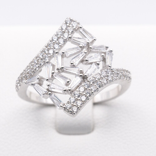 Marquise design multi clustered baguette cut Zirconia stones set on 925 Sterling Silver
