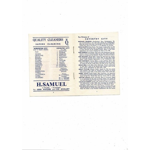 Worcester City v Coventry City Friendly Football Programme 1968/69